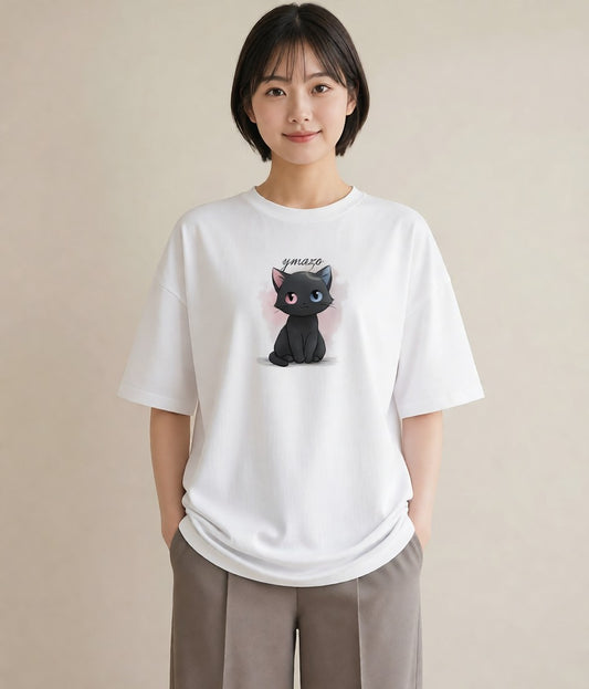 プリントTシャツ レディース 黒猫 猫 ねこ イラスト 手描き風 友達ギフト 部屋着 白T YMAZO