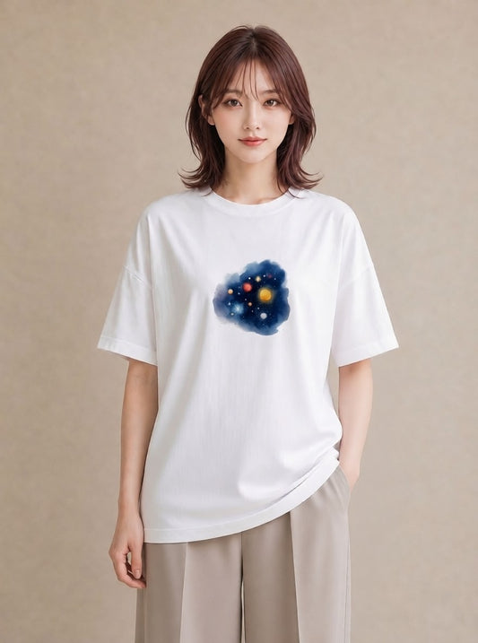 プリントTシャツ レディース プラネット 星空 宇宙 イラスト ニュアンス カフェ服 クリスマス 白T YMAZO