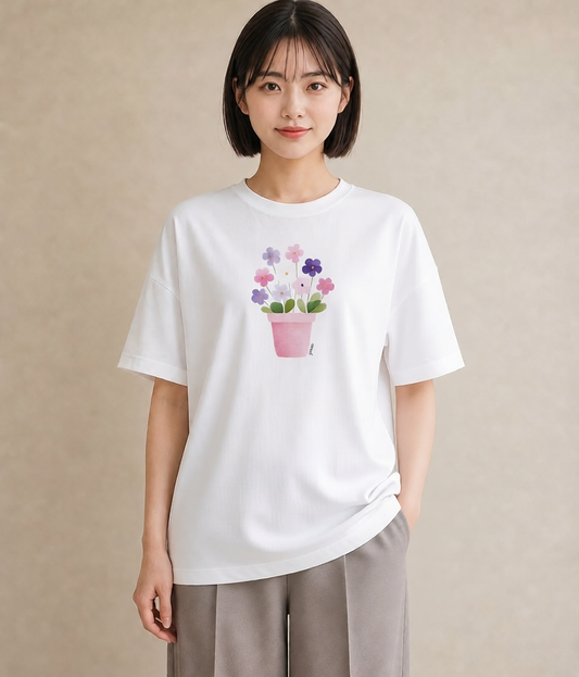 グラフィックTシャツ レディース パンジー 花 花柄 イラスト アート風 自分用 ルームウェア 白T YMAZO