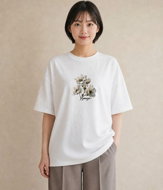 グラフィックTシャツ レディース 椿 花 花柄 イラスト ニュアンス ラフ レイヤード 白T YMAZO