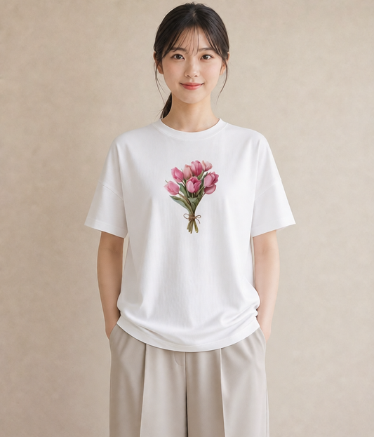 Tシャツ レディース チューリップ 花 花柄 イラスト フェミニン 秋コーデ おしゃれギフト 白T YMAZO
