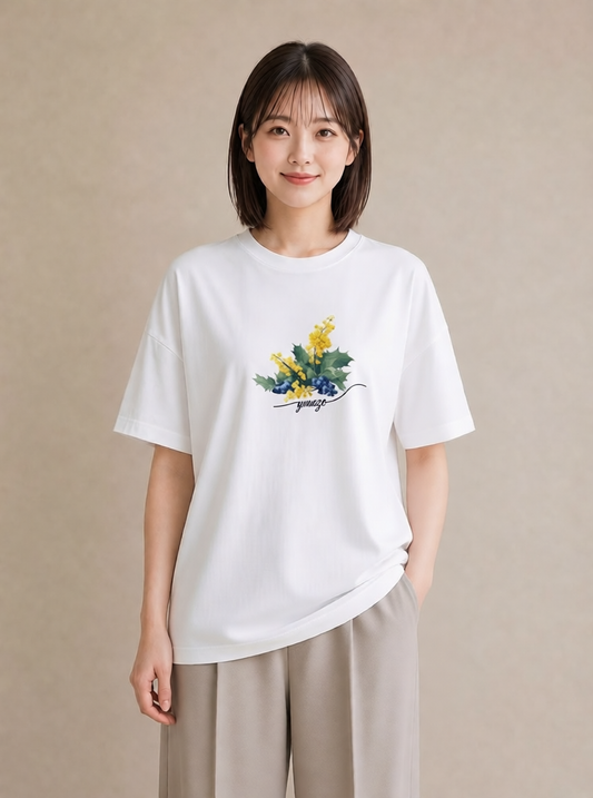 半袖Tシャツ レディース ミモザ 花 花柄 イラスト ユニーク 女性向けギフト 散歩 白T YMAZO