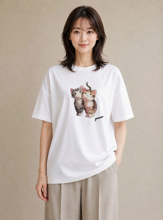 プリントTシャツ レディース ねこ 猫 ネコ イラスト 普段使い お出かけ 普段着 白T YMAZO