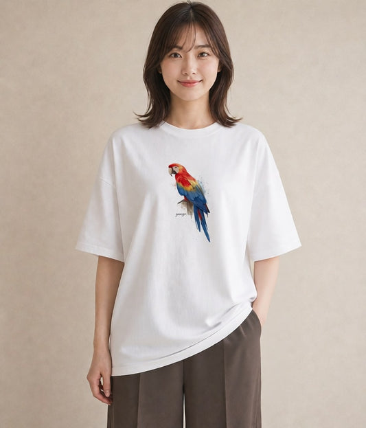 半袖Tシャツ レディース ボタンインコ ペット 動物 イラスト 旅行コーデ レイヤード 友達ギフト 白T YMAZO