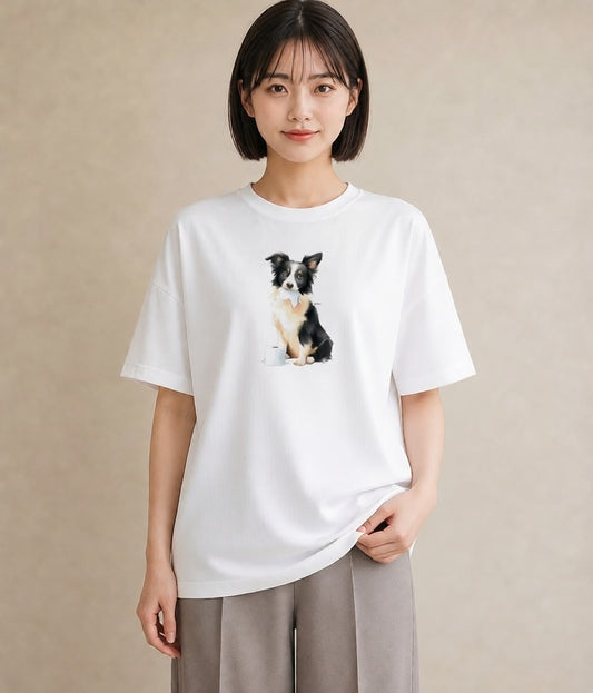 半袖Tシャツ レディース ボーダーコリー 犬 いぬ イラスト ゆるかわ 女性 旅行用 白T YMAZO