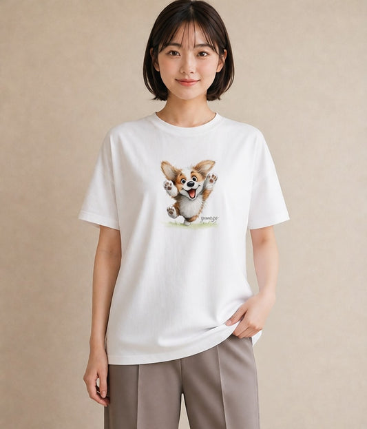 デザインTシャツ レディース ウェルシュコーギー コーギー 犬 いぬ イラスト お洒落 ペアコーデ 秋コーデ 白T YMAZO