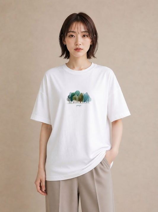 Tシャツ レディース 青の水彩 風景 ブルー ナチュラル アンティーク イラスト アート風 誕生日プレゼント 綿100 白T YMAZO