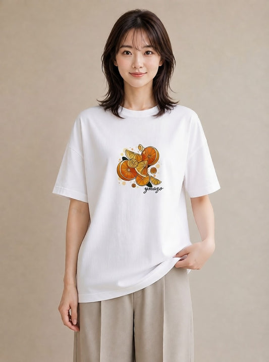 半袖Tシャツ レディース みかん 食べ物 フード イラスト ナチュラル 送別ギフト 通勤 白T YMAZO