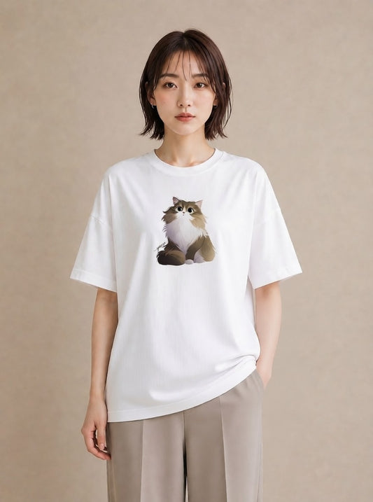 Tシャツ レディース メインクーン 猫 ねこ イラスト 韓国風 秋コーデ おしゃれギフト 白T YMAZO