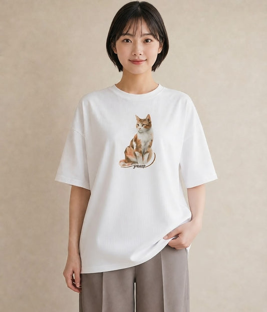グラフィックTシャツ レディース 白猫 猫 ねこ イラスト カフェコーデ レイヤード 友達ギフト 白T YMAZO