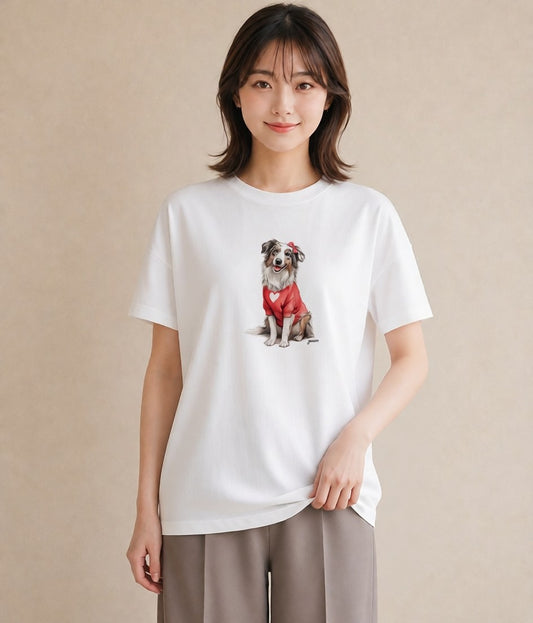 Tシャツ レディース ボーダーコリー 犬 いぬ イラスト ラフ 在宅 公園 白T YMAZO