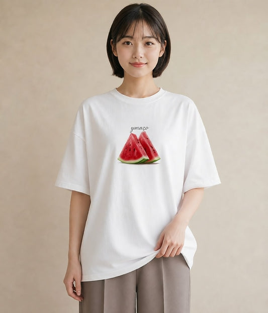 Tシャツ レディース すいか 食べ物 フード イラスト ラフカジュアル 散歩 お出かけ 白T YMAZO