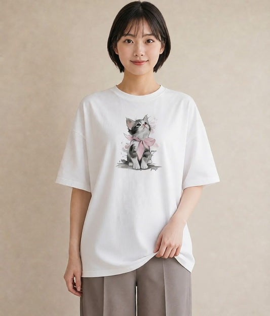 グラフィックTシャツ レディース サバトラ 猫 ねこ イラスト アート風 帰省 ラフ 白T YMAZO