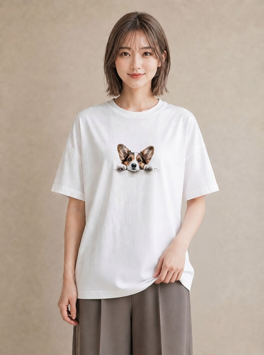 デザインTシャツ レディース ウェルシュコーギー コーギー 犬 いぬ イラスト ゆるコーデ おしゃれギフト 社会人 白T YMAZO