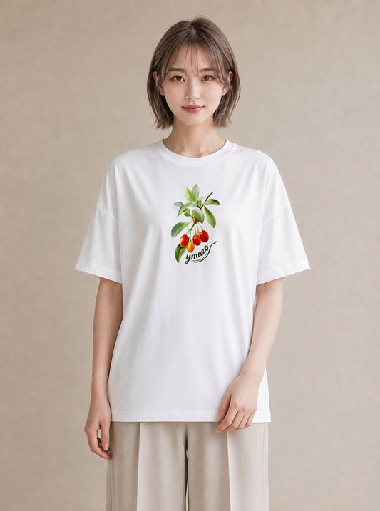 プリントTシャツ レディース さくらんぼ チェリー 食べ物 フード イラスト 北欧風 ラフ レイヤード 白T YMAZO