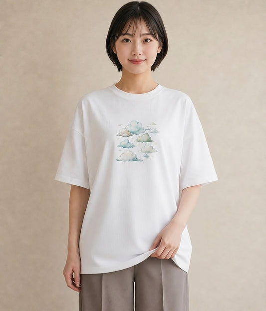グラフィックTシャツ レディース 雲 星空 宇宙 イラスト ヴィンテージ風 部屋着 女性向けギフト 白T YMAZO