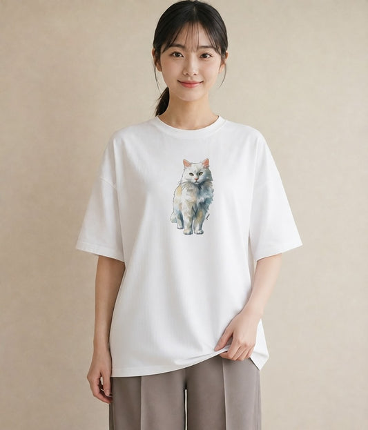 グラフィックTシャツ レディース おすわり猫 猫 ねこ イラスト シンプル レイヤード 友達ギフト 白T YMAZO
