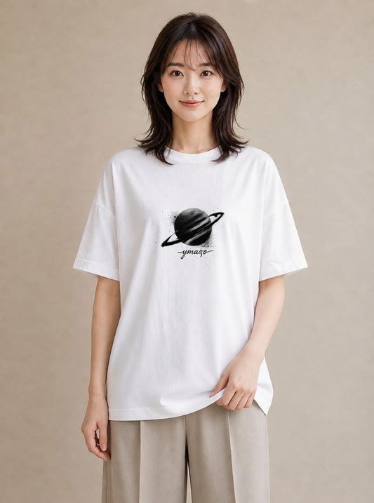 デザインTシャツ レディース 土星 星空 宇宙 イラスト 手描き風 ミセス 春コーデ 白T YMAZO
