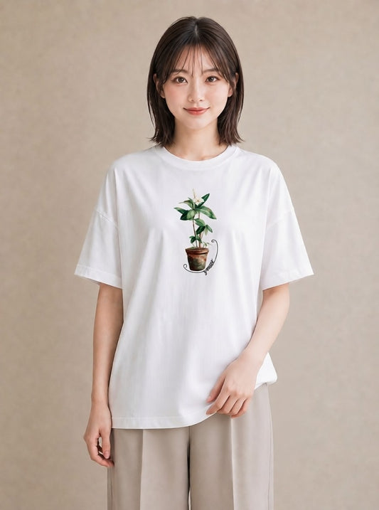 Tシャツ レディース 観葉植物 植物 ボタニカル イラスト 水彩風 ラフ レイヤード 白T YMAZO