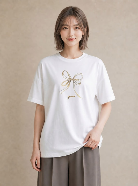 プリントTシャツ レディース リボン ボウ りぼん イラスト 旅行コーデ 女子会 お揃い 白T YMAZO