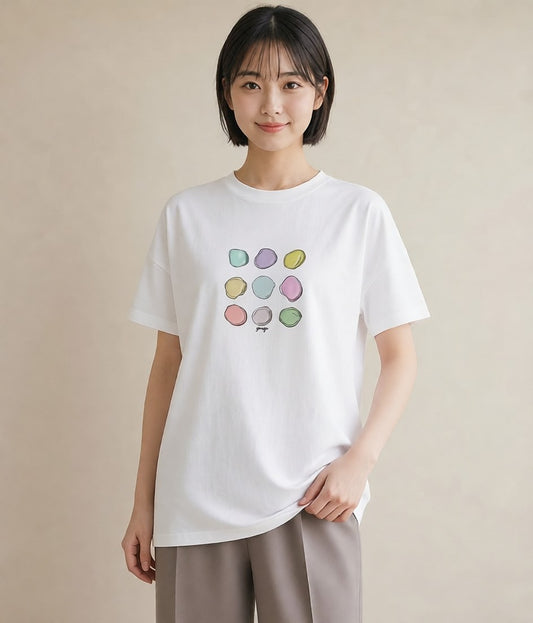 グラフィックTシャツ レディース マカロン 食べ物 フード イラスト 水彩風 親子 20代 白T YMAZO