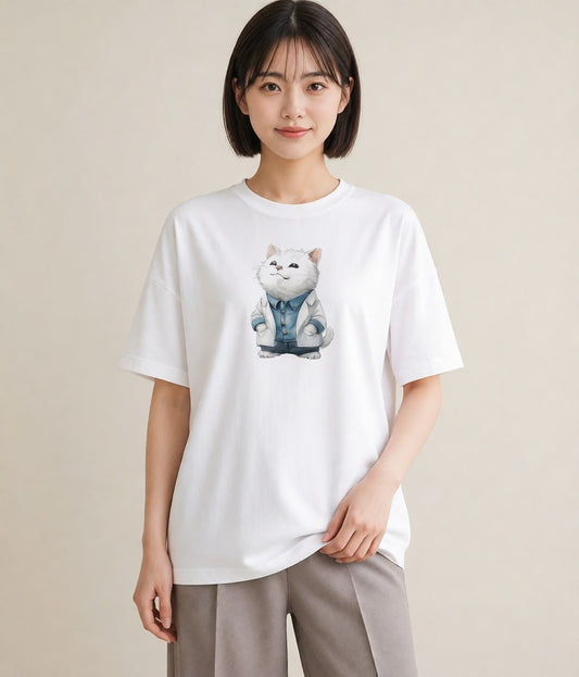 半袖Tシャツ レディース ペルシャ 猫 ねこ イラスト 抜け感 敬老の日 ホワイトデー 白T YMAZO