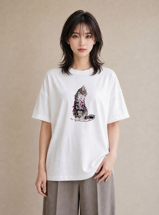 Tシャツ レディース メインクーン 猫 ねこ イラスト 可愛い 部屋着 女性向けギフト 白T YMAZO