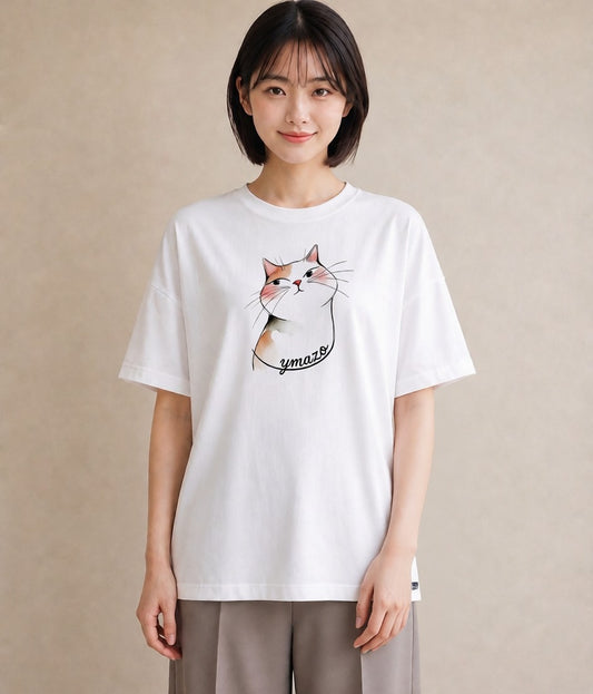 プリントTシャツ レディース 白猫 猫 ねこ イラスト ゆるコーデ 海 カフェ巡り 白T YMAZO