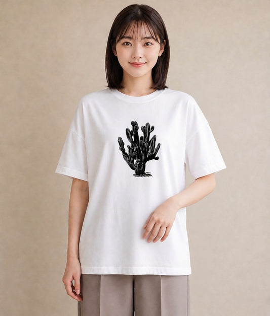 デザインTシャツ レディース サボテン 植物 ボタニカル イラスト 抜け感 綿100 デート 白T YMAZO