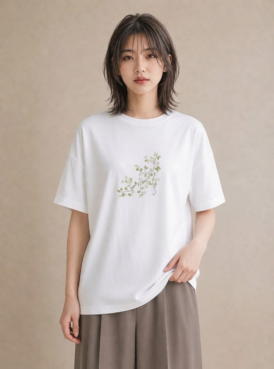 プリントTシャツ レディース つる 植物 ボタニカル イラスト 線画 散歩 お出かけ 白T YMAZO