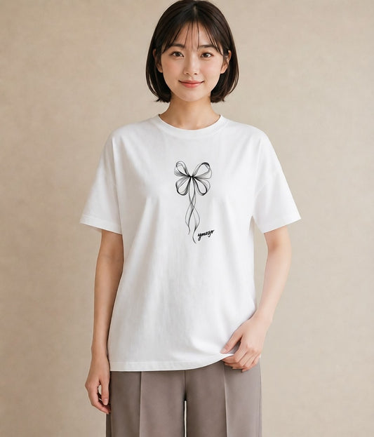 Tシャツ レディース リボン ボウ りぼん イラスト 普段使い デート 帰省 白T YMAZO