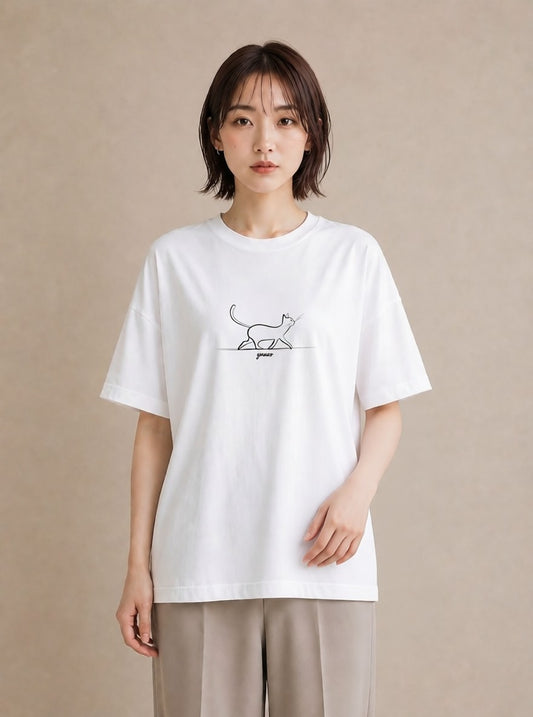 Tシャツ レディース 猫 ねこ ネコ イラスト 手描き風 休日 ペアコーデ 白T YMAZO