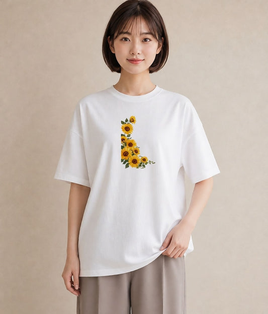 プリントTシャツ レディース ひまわり 向日葵 花 花柄 イラスト こなれ感 送別ギフト 通勤 白T YMAZO