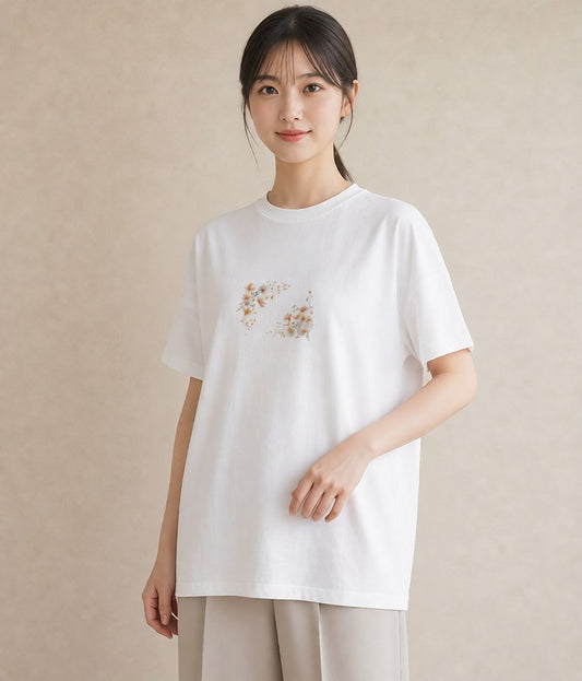 プリントTシャツ レディース コスモス 秋桜 花 花柄 イラスト モード 夏コーデ 通学 白T YMAZO