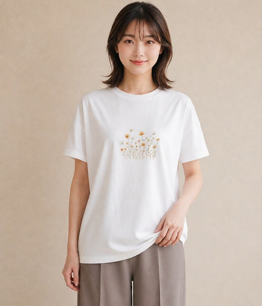 半袖Tシャツ レディース デイジー 花 花柄 イラスト ラフ レイヤード 白T YMAZO