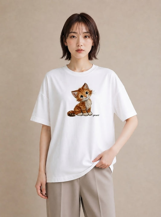 デザインTシャツ レディース 茶トラ 茶猫 猫 ねこ イラスト 北欧風 旅行用 海 白T YMAZO