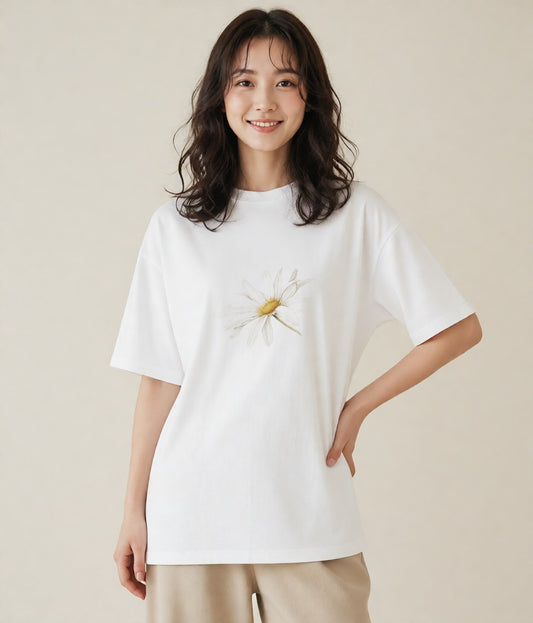 プリントTシャツ レディース デイジー 花 花柄 イラスト 水彩風 女性向けギフト 散歩 白T YMAZO