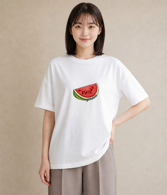 プリントTシャツ レディース すいか 食べ物 フード イラスト カフェコーデ ラフ レイヤード 白T YMAZO