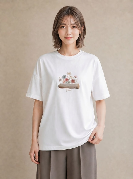 半袖Tシャツ レディース 小川 橋 せせらぎ ナチュラル アンティーク イラスト ミニマル デート 帰省 白T