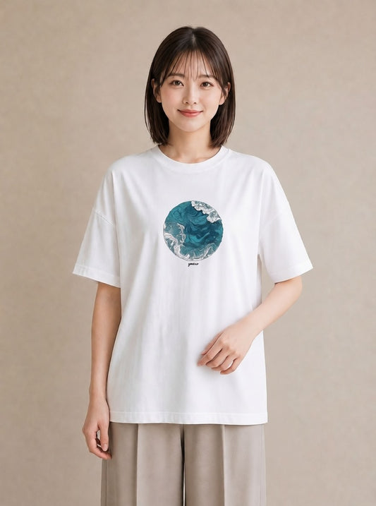 デザインTシャツ レディース 波 星空 宇宙 イラスト きれいめカジュアル 女性 旅行用 白T YMAZO