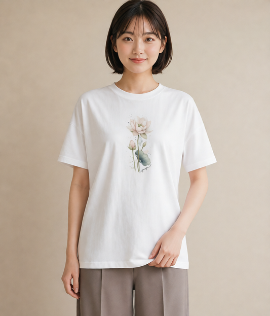 プリントTシャツ レディース ゆり 百合 花 花柄 イラスト ラフ 春服 ミセス 白T YMAZO