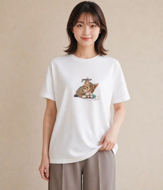 デザインTシャツ レディース 子猫 猫 ねこ イラスト 韓国風 誕生日プレゼント 綿100 白T YMAZO