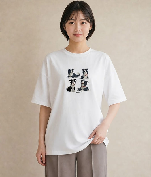 グラフィックTシャツ レディース ボーダーコリー 犬 いぬ イラスト 北欧風 カフェ服 クリスマス 白T YMAZO