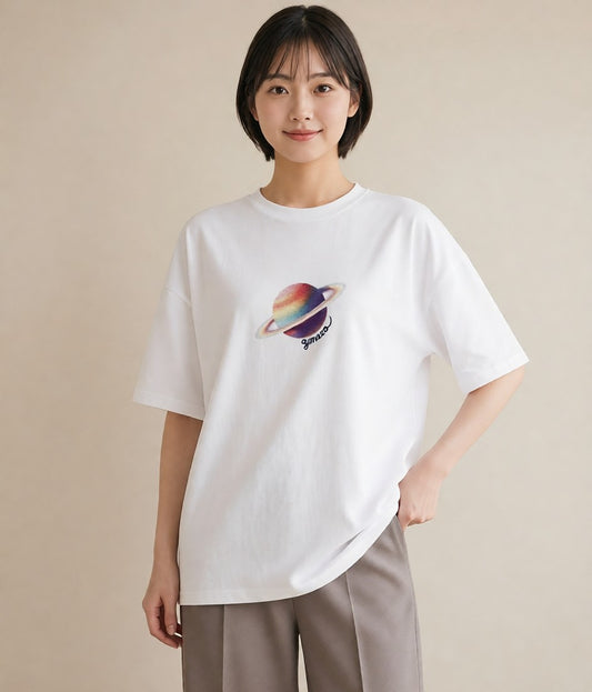 半袖Tシャツ レディース 土星 星空 宇宙 イラスト 淡色 通学 誕生日プレゼント 白T YMAZO