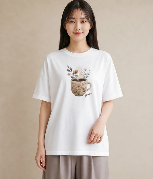 デザインTシャツ レディース コーヒー 珈琲 カフェ 食べ物 フード イラスト 海 カフェ巡り 白T YMAZO
