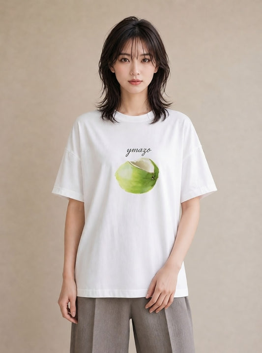 半袖Tシャツ レディース りんご 林檎 アップル 食べ物 フード イラスト 普段使い 旅行用 海 白T YMAZO