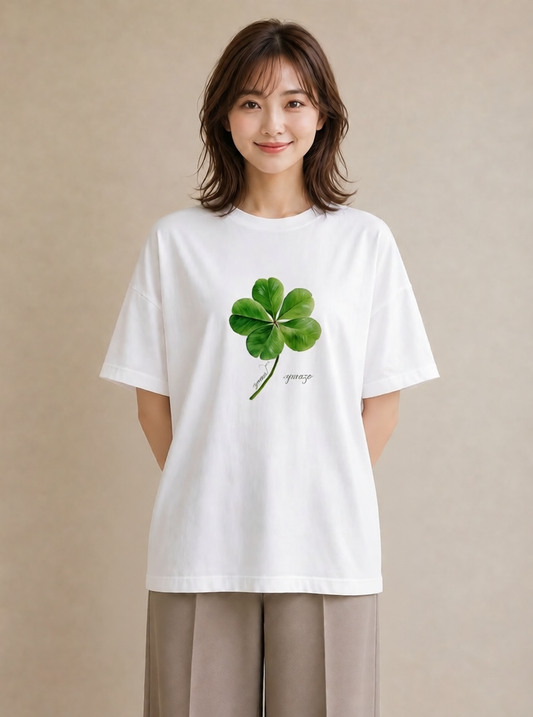 プリントTシャツ レディース クローバー 四つ葉 花 花柄 イラスト 上品 綿100 デート 白T YMAZO