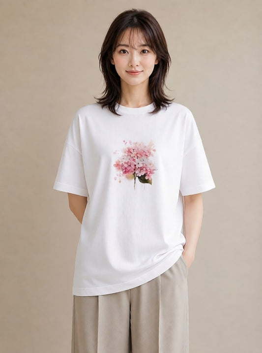 プリントTシャツ レディース あじさい 紫陽花 アジサイ 花 花柄 イラスト ラフ 秋コーデ おしゃれギフト 白T YMAZO
