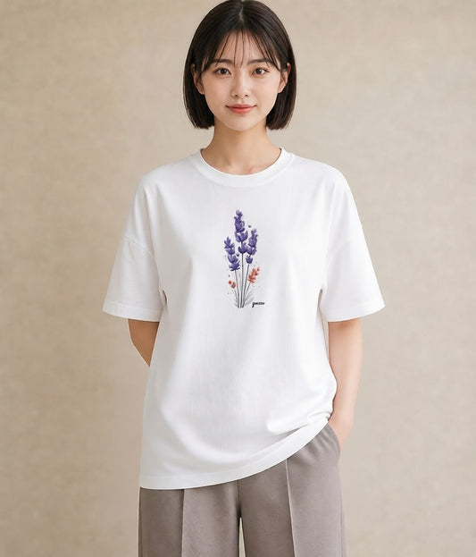 Tシャツ レディース ラベンダー 花 花柄 イラスト ミニマル ラフ レイヤード 白T YMAZO