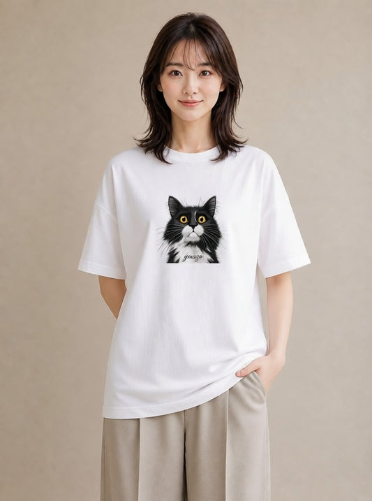 プリントTシャツ レディース 靴下猫 猫 ねこ イラスト こなれ感 旅行用 海 白T YMAZO